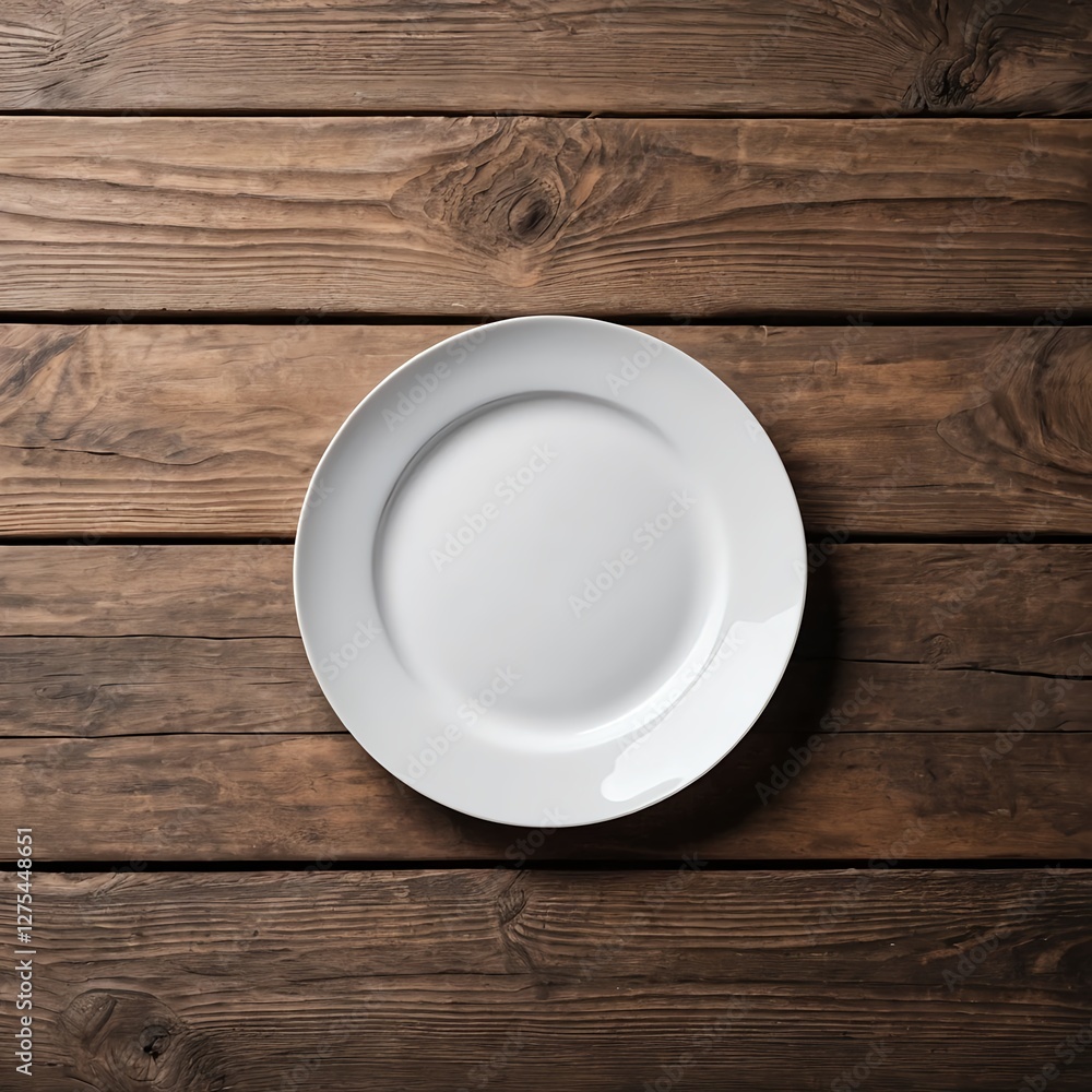 Empty White Plate on Rustic Wooden Table Empty White Plate on Rustic Wooden Table