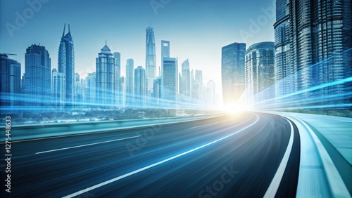 A futuristic cityscape with a winding road leading towards bright lights, showcasing modern skyscrapers and a sense of speed and movement.