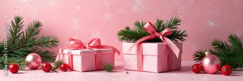 Pink Christmas gift boxes filled with fir branches and red berries, decorations, berries
