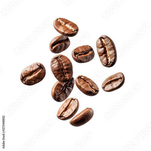 Coffee beans flying mid-air, isolate on white background. png.