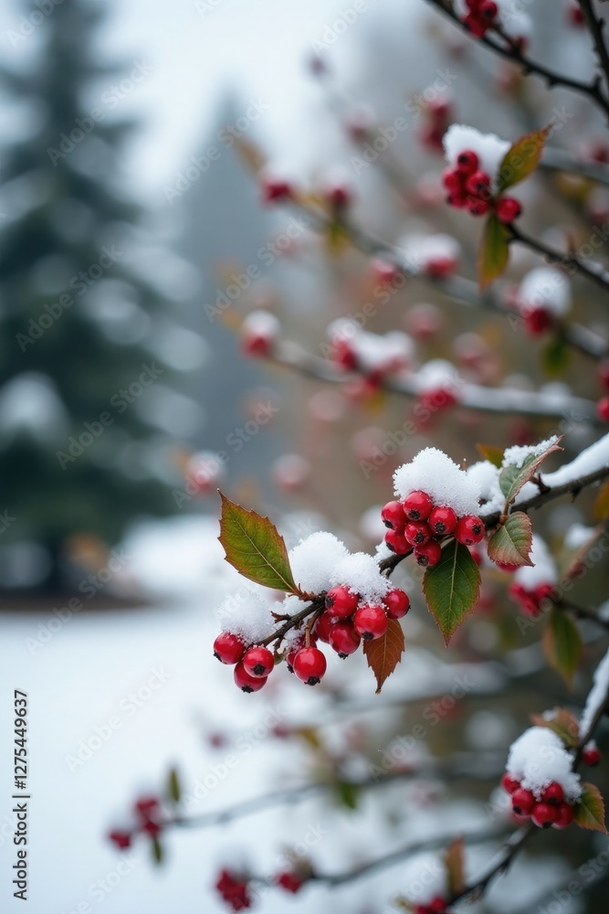 Red holly berries on a bare holly bush in the snow, plant, branches, evergreen Red holly berries on a bare holly bush in the snow, plant, branches, evergreen