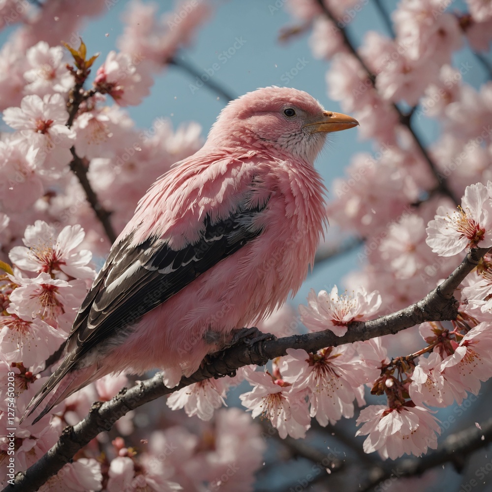 A pink-feathered bird resting on cherry blossom branches with petals falling. A pink-feathered bird resting on cherry blossom branches with petals falling.