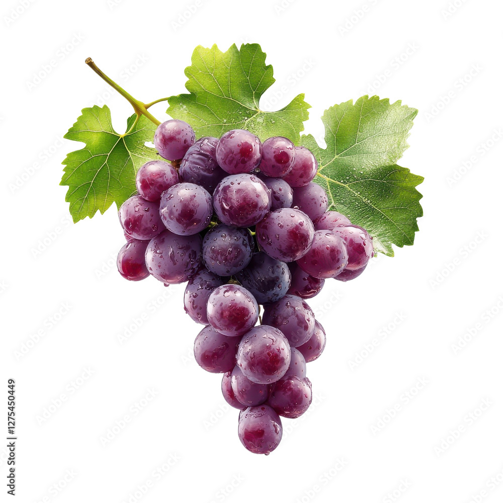 Fototapeta premium Purple grape clusters and leaves flying mid-air, isolate on white background. png.