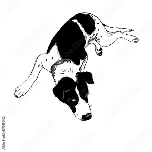 Hand-Drawn outlines of a puppy  Black and white 
 dog  in various  a resting pose, render in a doodle-style line art 