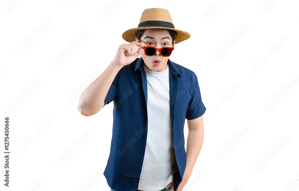 Portrait of a young Asian man wearing a tourist shirt, hat, and sunglasses posing on background Portrait of a young Asian man wearing a tourist shirt, hat, and sunglasses posing on background
