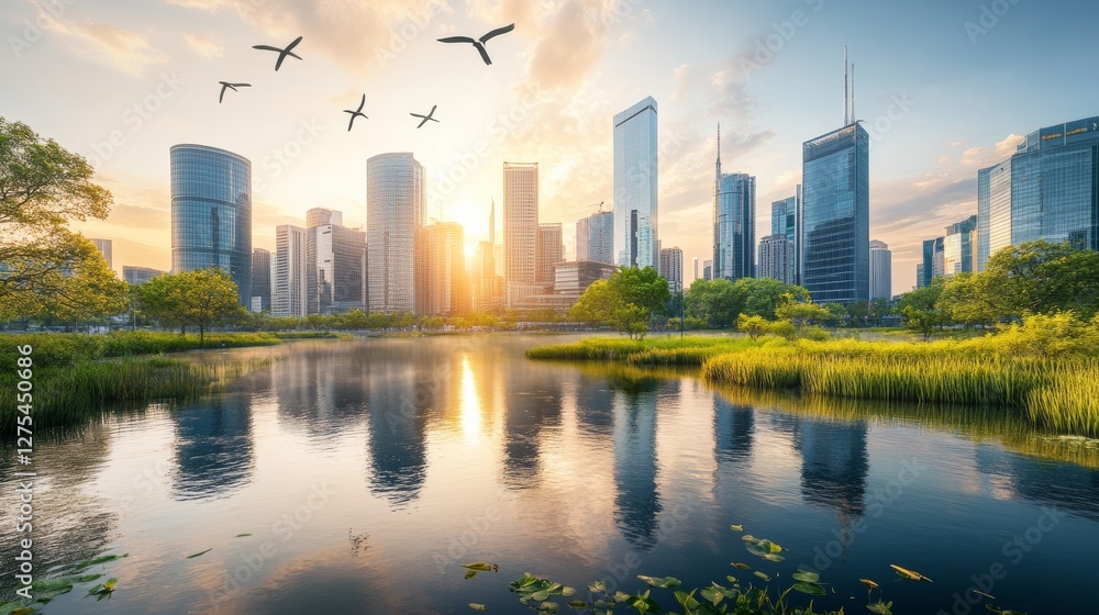 Naklejka premium A smart city powered by natural gas and renewables, blending urban living with environmental responsibility,