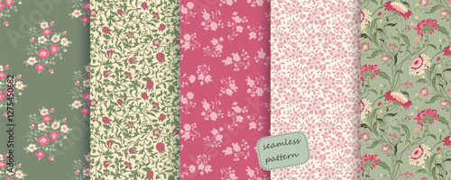 Collection of Seamless floral pattern in folk style with wildflowers, leaves. Victorian style. Hand drawn. Vector illustration