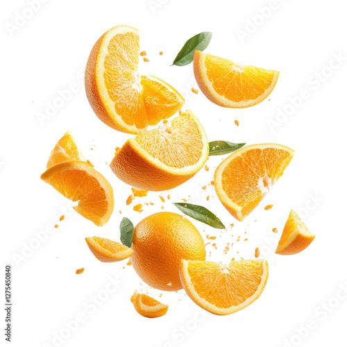 Orange fruit leaves and slices flying mid-air, isolate on white background. png.