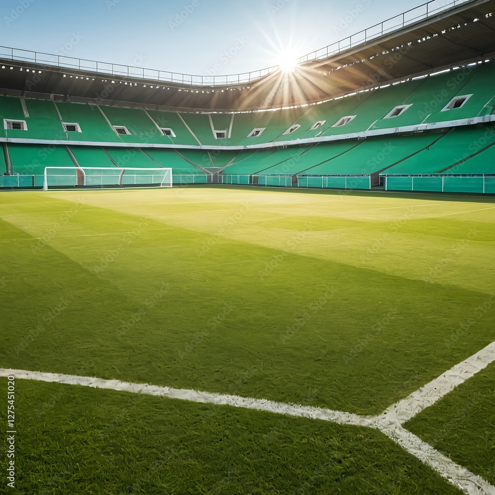 Fototapeta premium Empty Green Soccer Stadium at Sunset