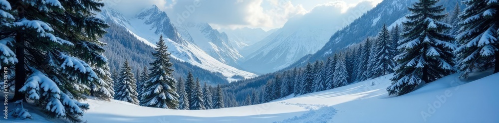 Snowflakes gently falling in the Ossola Valley amidst towering pine trees, landscape, pine tree, forest Snowflakes gently falling in the Ossola Valley amidst towering pine trees, landscape, pine tree, forest