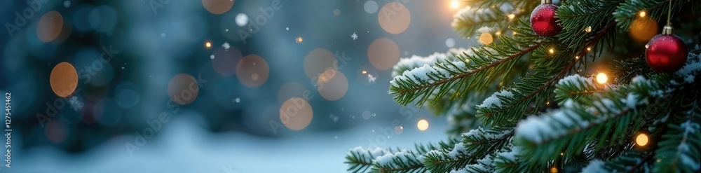 Snowflakes gently falling on a festive evergreen tree, frosty atmosphere, festive ambiance