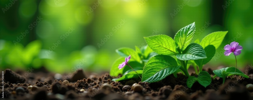 Fresh mint plant leaves with purple flowers in forest soil, greenery, fresh mint, forest flowers Fresh mint plant leaves with purple flowers in forest soil, greenery, fresh mint, forest flowers