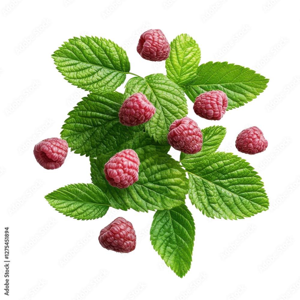 Raspberry leaves flying mid-air, isolate on white background. png. Raspberry leaves flying mid-air, isolate on white background. png.