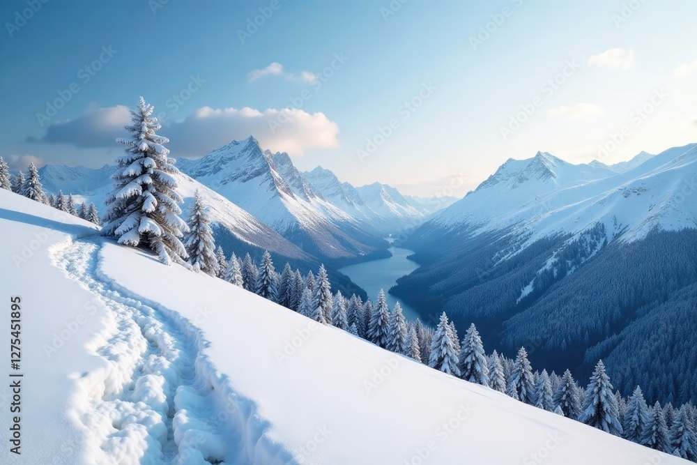 Snowy mountainous terrain stretches towards the sky, winter, hills Snowy mountainous terrain stretches towards the sky, winter, hills