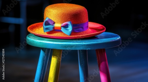 Brightly Colored Hat on a Multicolored Wooden Stool Display