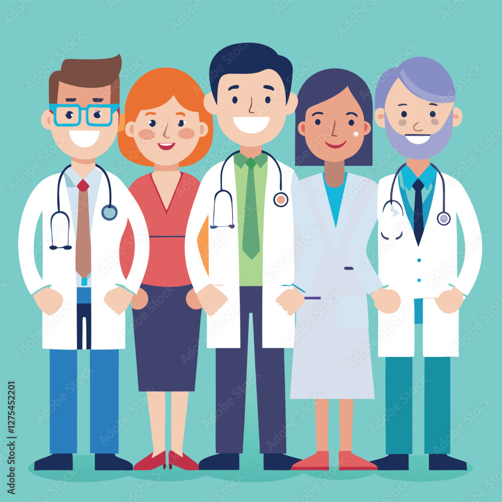 Multiethnic doctor team group with leader isolated vector illustration. Set of smiling doctors, nurses, paramedics. Different male and female medic workers in uniform with stethoscopes. Multiethnic doctor team group with leader isolated vector illustration. Set of smiling doctors, nurses, paramedics. Different male and female medic workers in uniform with stethoscopes.