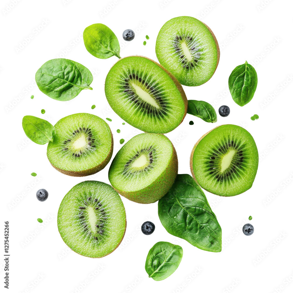 Fototapeta premium Kiwi fruit leaves flying mid-air, isolate on white background. png.