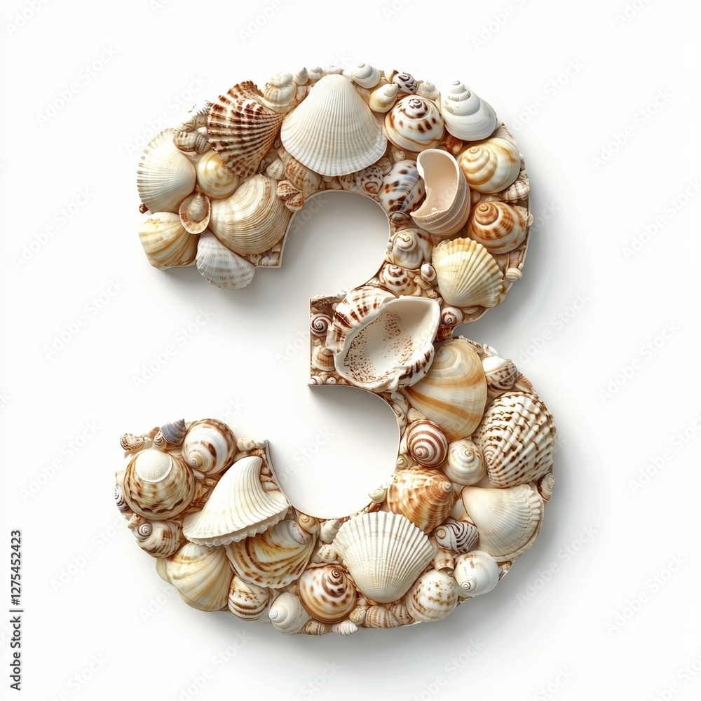 Obraz premium Number 3 made of assorted seashells in natural beige and white tones isolated on a clean white background