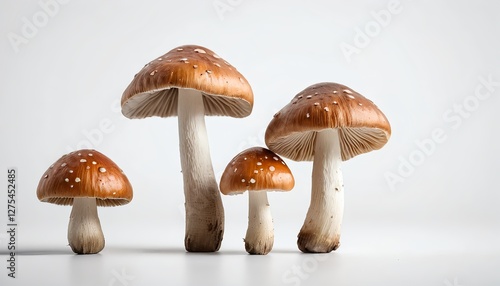 Four Brown Mushrooms with White Spots on White Background