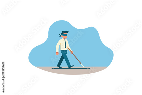 Confused blind business man, walking with blindfold. Concept for irritation, clueless, lost. Vector illustration.