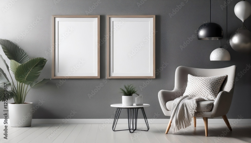 Gray Wall Display for Two Empty Picture Frames in a Modern White Living Room Setting, Showcasing Minimalist Elegance and Sophistication Gray Wall Display for Two Empty Picture Frames in a Modern White Living Room Setting, Showcasing Minimalist Elegance and Sophistication