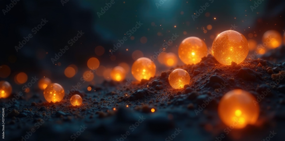 Naklejka premium Glowing golden orbs embedded in a dark background, mysterious, ambient