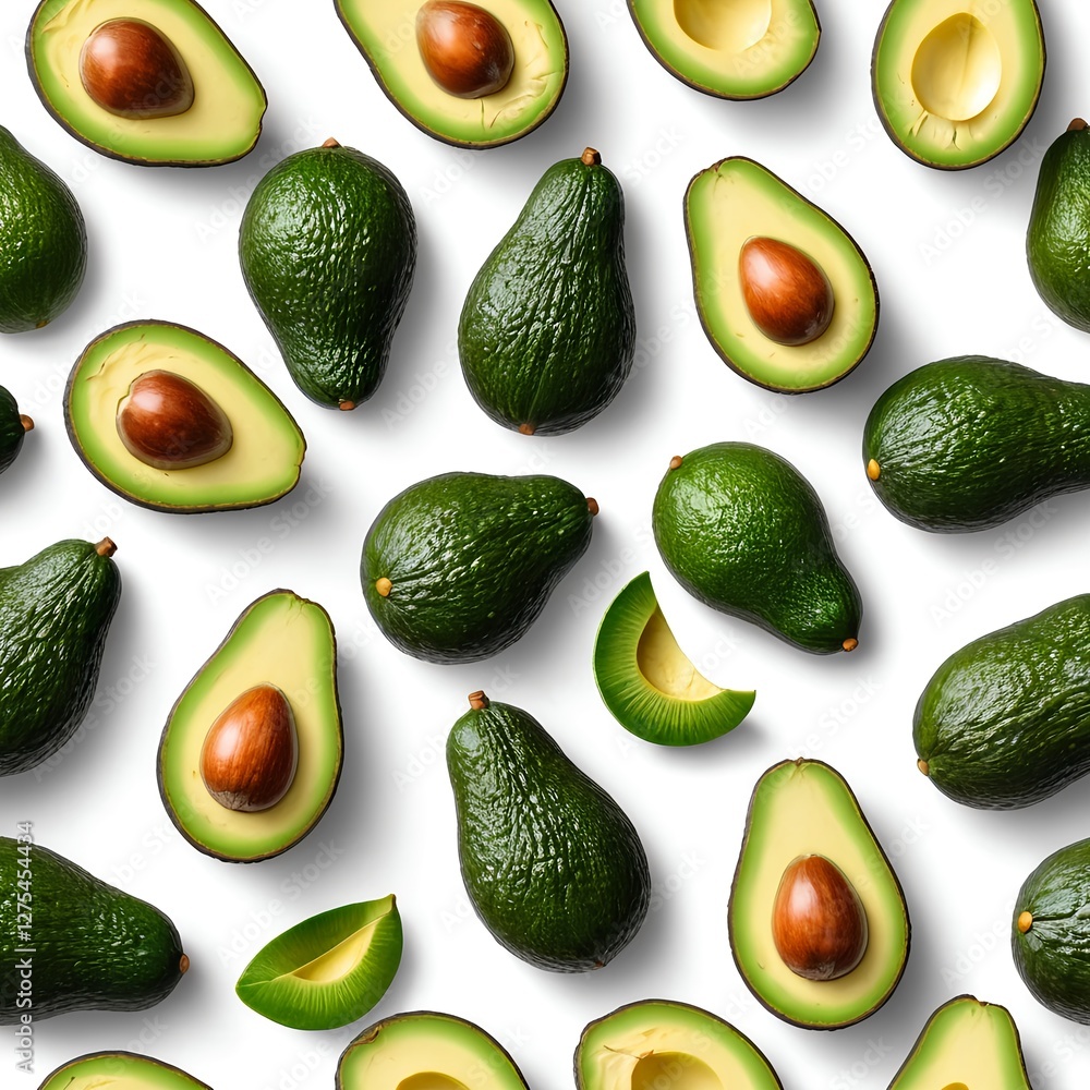 Avocado Pattern Halved and Whole Avocados on White Background