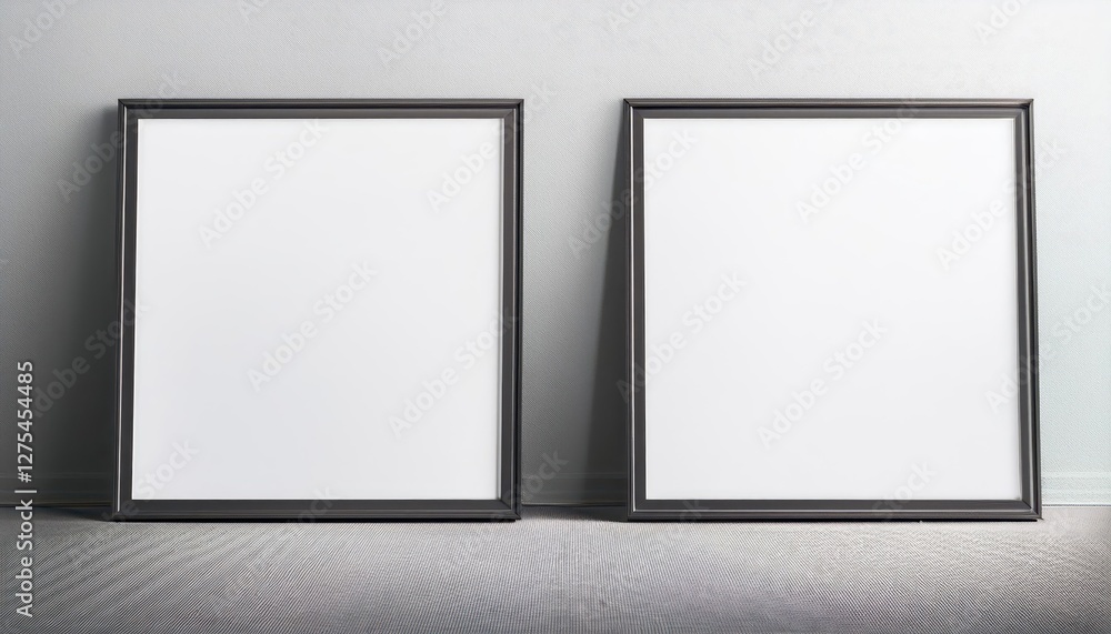 Minimalist Two Blank Square Posters Frame Mockup Against White Wall and Floored Backdrop Striking Modern Artwork for Digital Design, Home Decor, or Inspiration Minimalist Two Blank Square Posters Frame Mockup Against White Wall and Floored Backdrop Striking Modern Artwork for Digital Design, Home Decor, or Inspiration