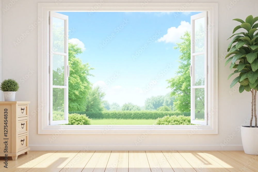Fototapeta premium Empty room large window garden view potted plant