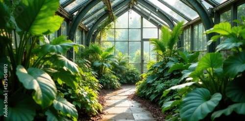 A serene greenhouse filled with exotic plants and ferns, garden, verdant