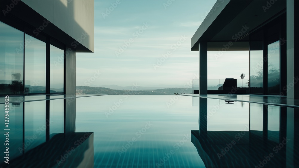 Obraz premium ultra-luxury home with a minimalist design, seamless floor-to-ceiling glass doors leading to an infinity pool