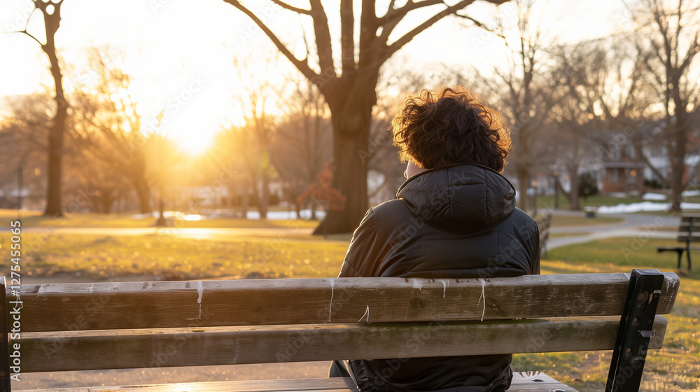 Solitary Teenager on Park Bench: A Moment of Isolation and Introspection Under the Soft Glow of a Distant Sunset Solitary Teenager on Park Bench: A Moment of Isolation and Introspection Under the Soft Glow of a Distant Sunset