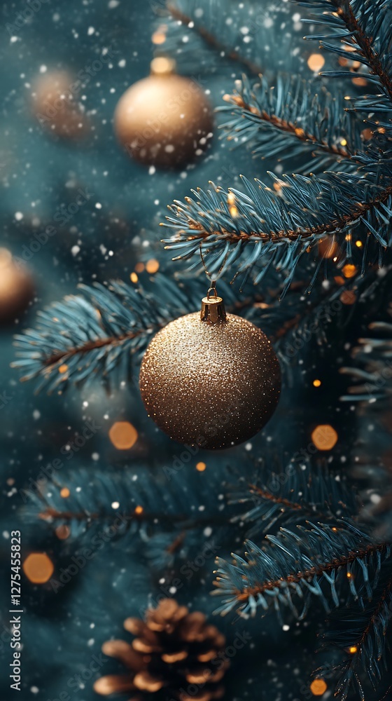 Gold ornaments on snowy Christmas tree (1) Gold ornaments on snowy Christmas tree (1)