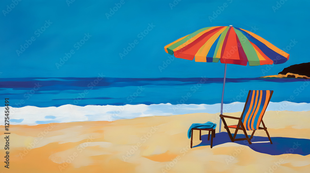 Colorful beach scene, vibrant umbrella and lounge chair on sandy shore, perfect for relaxation and summer vibes. Colorful beach scene, vibrant umbrella and lounge chair on sandy shore, perfect for relaxation and summer vibes.
