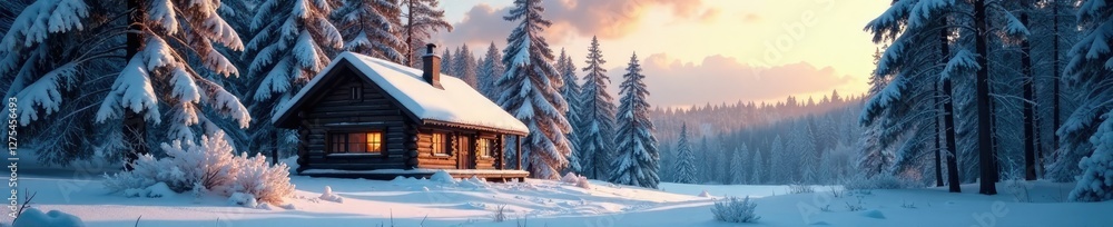 Winter forest with a small wooden cabin and a smoke rising from the chimney, wood, serene, forest Winter forest with a small wooden cabin and a smoke rising from the chimney, wood, serene, forest