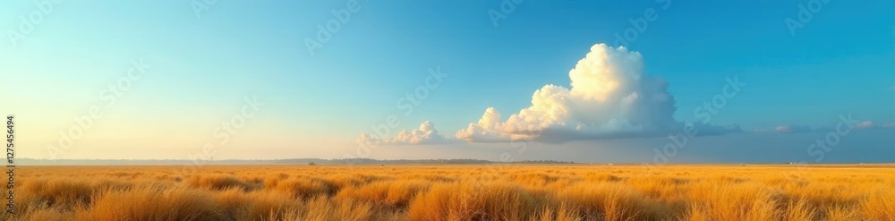 Fototapeta premium Cloudless morning dawns with a solitary high cloud, clear blue sky, serene landscape