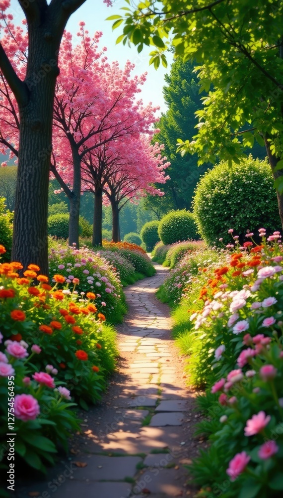 winding path through a garden filled with blooming flowers and trees, path, scenery winding path through a garden filled with blooming flowers and trees, path, scenery
