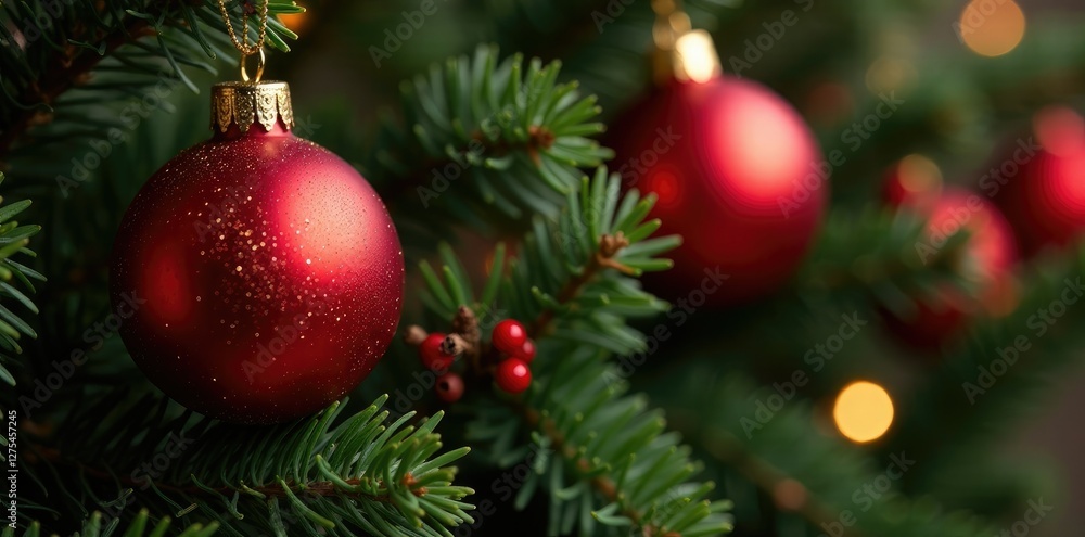 Red and gold Christmas ornaments on a fir branch with berries, branch, holiday, red Red and gold Christmas ornaments on a fir branch with berries, branch, holiday, red