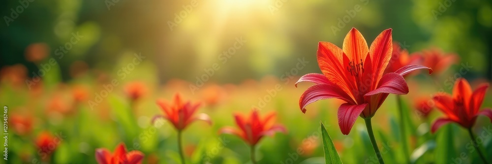 Red lily flowers sway in the gentle summer breeze amidst a lush landscape, flower, summer Red lily flowers sway in the gentle summer breeze amidst a lush landscape, flower, summer