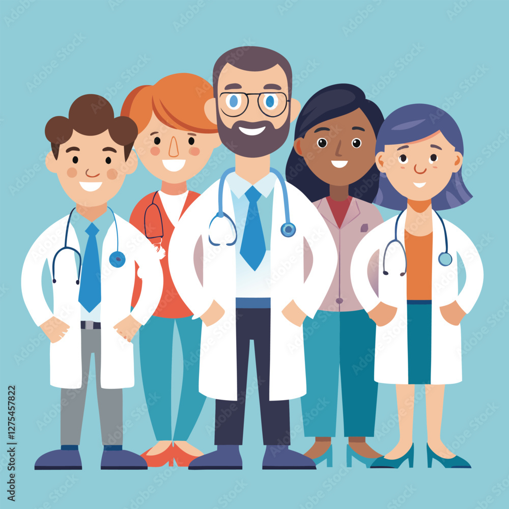 Multiethnic doctor team group with leader isolated vector illustration. Set of smiling doctors, nurses, paramedics. Different male and female medic workers in uniform with stethoscopes. Multiethnic doctor team group with leader isolated vector illustration. Set of smiling doctors, nurses, paramedics. Different male and female medic workers in uniform with stethoscopes.