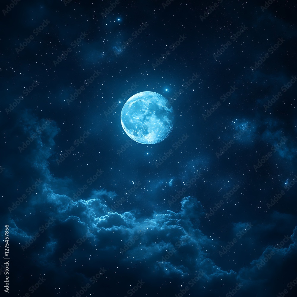 Fototapeta premium Full moon, night sky, clouds, stars, celestial