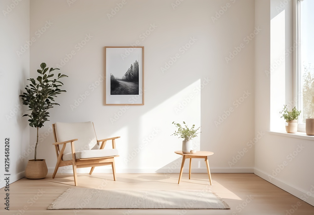 Fototapeta premium Minimalist Living Room Interior with Modern Chair and Plants