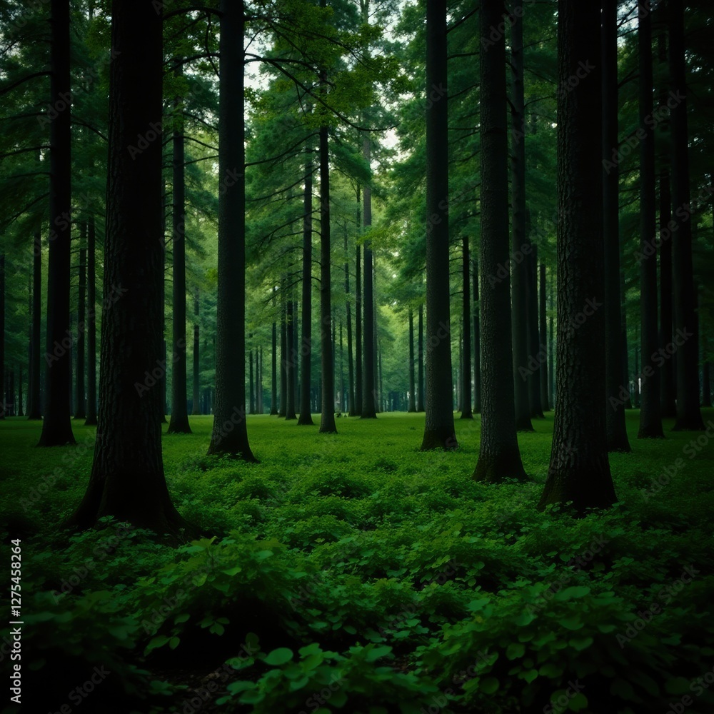 Fototapeta premium Dense forest with tall trees and underbrush at dusk, greenery, dusk