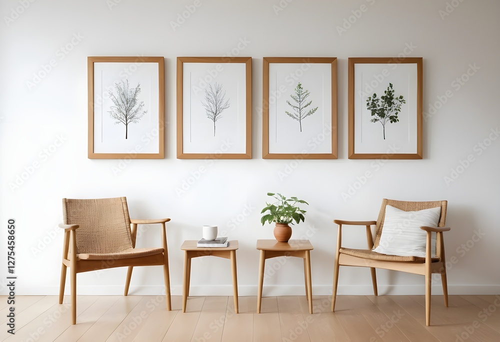 Minimalist Living Room with Wooden Chairs and Botanical Prints Minimalist Living Room with Wooden Chairs and Botanical Prints