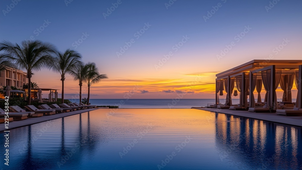 Obraz premium five-star resort poolside with elegant cabanas, stunning beach views, and golden-hour lighting