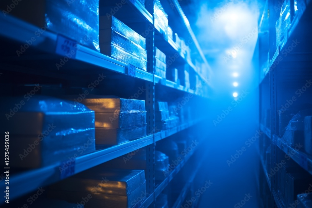 Fototapeta premium Nighttime warehouse aisle, product storage, blue light, inventory