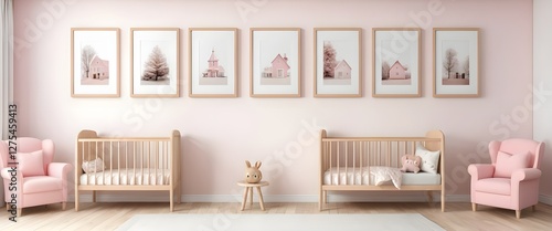 Pink Nursery Room Interior with Cribs and Framed Art Prints