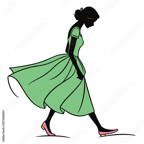 Stylish Woman Silhouette in 1950s Mint Dress – Retro Vector Illustration with Bold Outlines