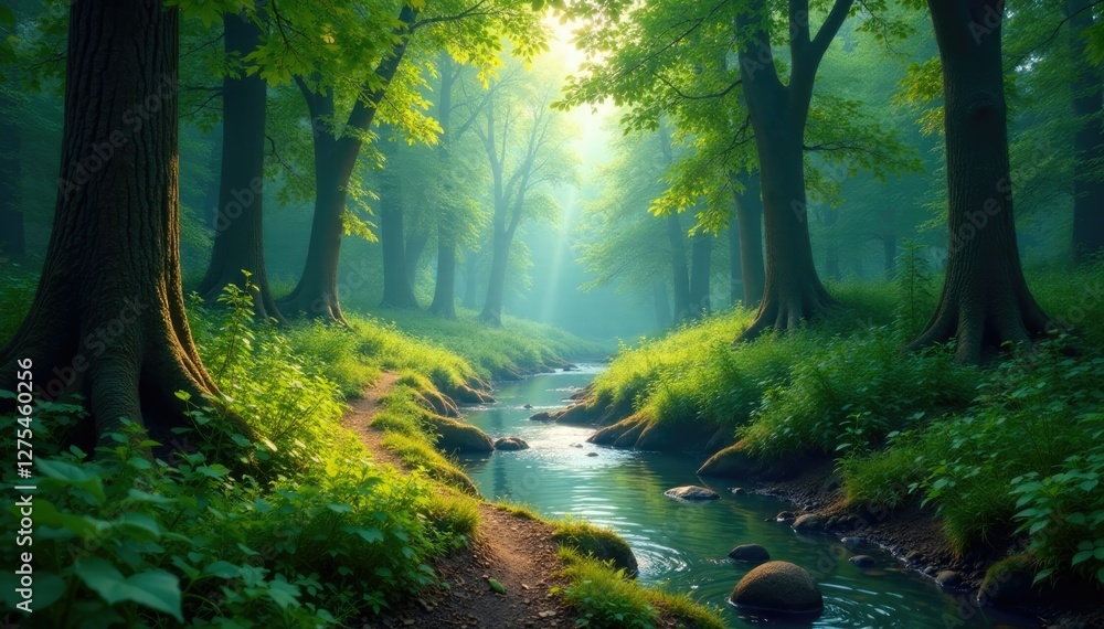 Obraz premium Forest floor with winding forest path and river, scenery, greenery
