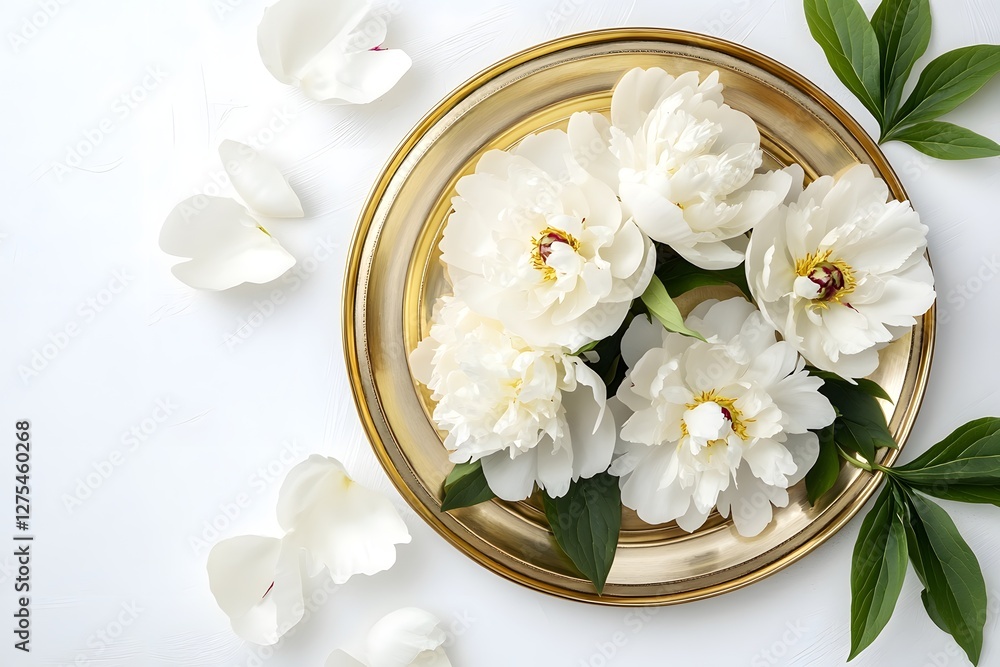 Golden-Rimmed Plate with Fresh White Peonies Golden-Rimmed Plate with Fresh White Peonies